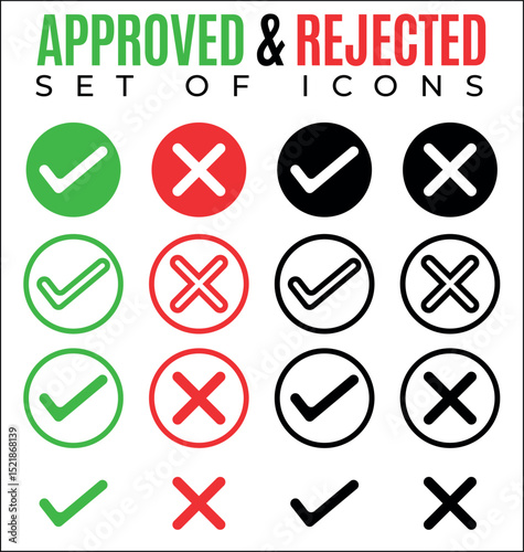 A modern set of UI icons in circle styles, including approved, rejected, open, close , right, wrong, checkmark, cancel and close symbols. 