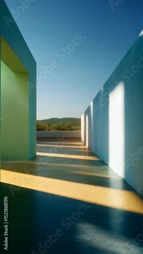 Architectural abstract view of narrow corridor in sunlight with open end and distant trees on a hill against clear sky