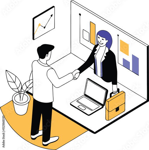 Isometric Business Handshake Scene, Vector Illustration