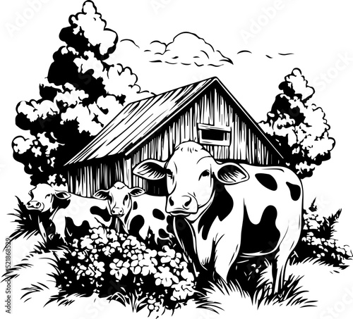 cow, animal, farm, cartoon, vector, illustration, bull, cattle, mammal, milk, agriculture, white, cute, goat, nature, black, calf, dairy, isolated, horns, livestock, head, beef, wild, drawing