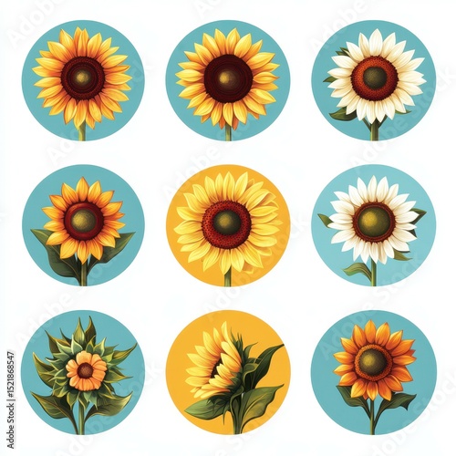 Collection of sunflower illustrations in vibrant colors and circular designs showcasing their beauty