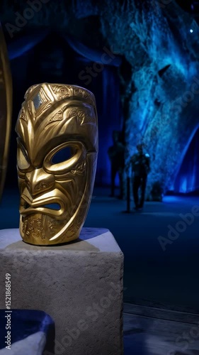 Ornate golden mask with tribal carvings and details creating a decorative and mysterious design artfully displayed with a blue blurred background.