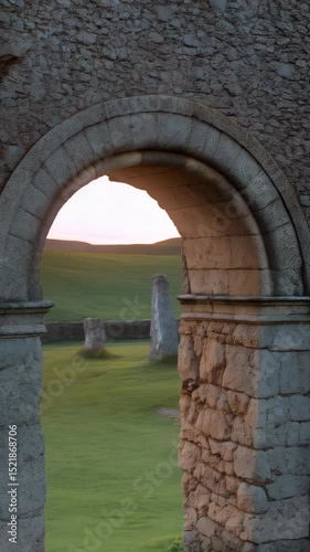 Atmospheric stone architecture, rural ruins, and vibrant green meadow against pastel cloudscape at dusk, evoking ancient heritage.