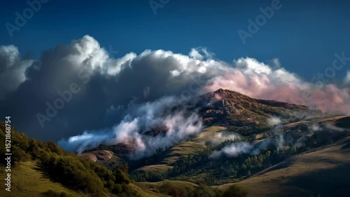 Dramatic hilltop landscape with low lying clouds blanketing a forested slope under blue sky, creating a scenic atmospheric perspective