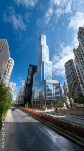Downtown urban landscape featuring a sleek modern skyscraper and other buildings, bright blue sky, and street-level perspective, with floral details
