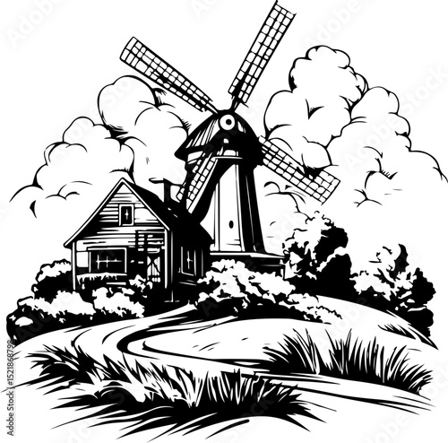 windmill, mill, vector, old, wind, illustration, drawing, vintage, architecture, woodcut, building, house, black, sketch, landscape, white, medieval, sky, art
