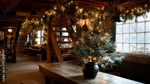 Cozy farmhouse interior adorned with festive holiday decorations, including Christmas trees, lights, staircase, and antique furniture enhancing the holiday atmosphere.