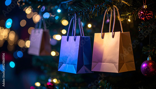 shopping bag shaped Christmas ornaments hangning on the tree. Generated Image photo