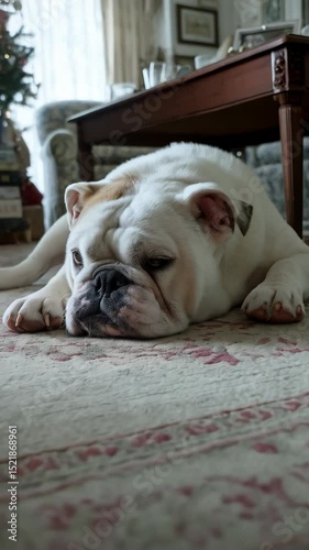 White bulldog resting on a carpet, indoor scene with Christmas tree and antique furniture in background, domestic animal portrait.