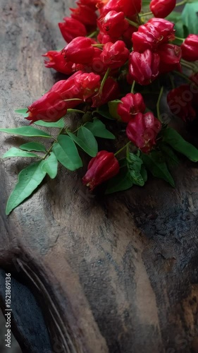 Close-up of vibrant red flower blossoms and green leaves lying on a textured dark brown wooden surface, detailed composition.