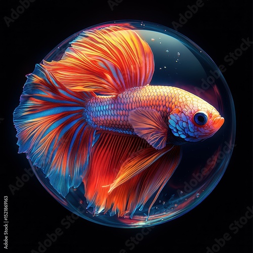 Vibrant betta fish swimming gracefully in a glass sphere under soft lighting