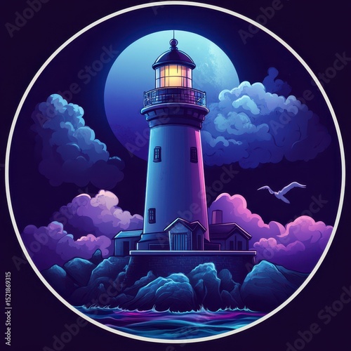 Lighthouse stands tall against a mysterious night sky illuminated by a glowing moon and surrounded by sea and clouds