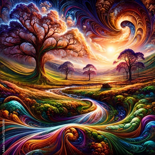 A swirling landscape portrays a fantastical scene with colorful trees and a flowing river under a dramatic sky. The use of vivid colors and dynamic shapes creates a dreamlike atmosphere, Gen, A.I.