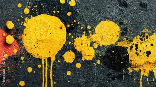 Colorful splashes of yellow paint on a dark textured wall create an eye-catching urban art display