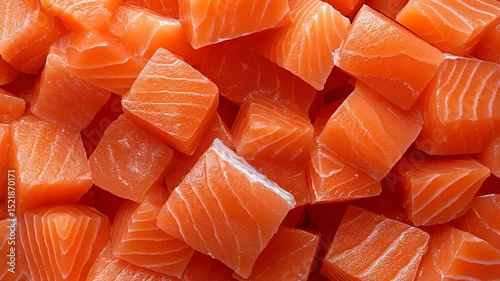Salmon Cubes: A Close-Up View of Fresh, Vibrant Orange Salmon Pieces