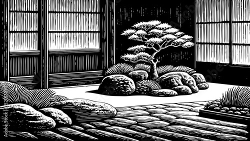A black and white sketch vector of a peaceful zen garden with rocks and bonsai