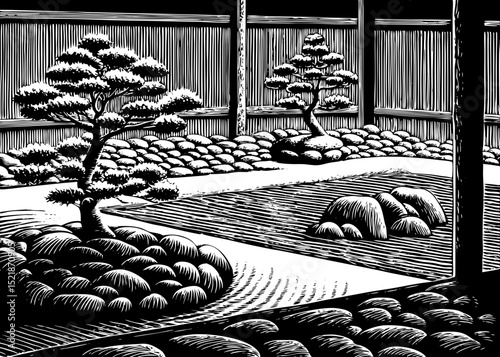 A black and white sketch vector of a peaceful zen garden with rocks and bonsai