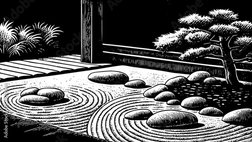 A black and white sketch vector of a peaceful zen garden with rocks and bonsai
