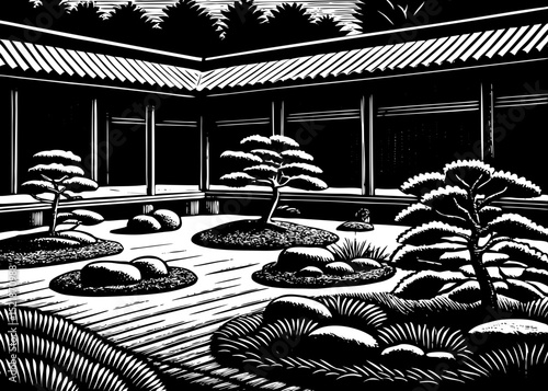 A black and white sketch vector of a peaceful zen garden with rocks and bonsai