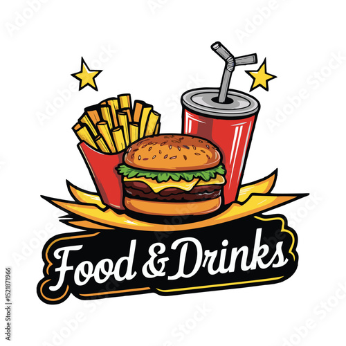 This fast food drink logo features a vibrant and refreshing design, showcasing popular beverages like sodas, milkshakes, or smoothies. With bold colors, dynamic shapes, and playful typography, it perf