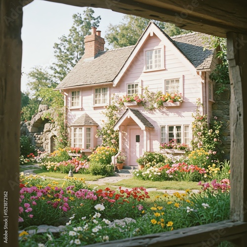 Pink cottage with flower garden in countryside