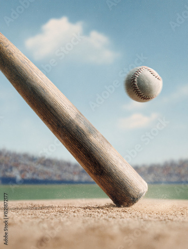 Dynamic image of a baseball bat hitting the ground with a ball in midair. Captures action, sportsmanship, and athletic competition. Perfect for sportsthemed projects. photo