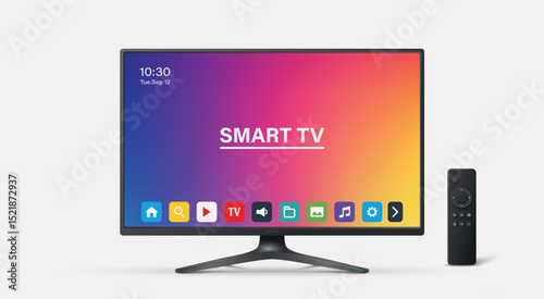 Vector 3d Realistic Smart TV and Remote Control, Isolated. Modern Smart TV. Realistic Smart TV for Technology Mockup. Stylish Television and Remote for App and Branding. Vector Illustration