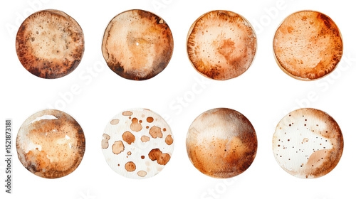 Ten Brown and Beige Watercolor Circles on Transparent Background