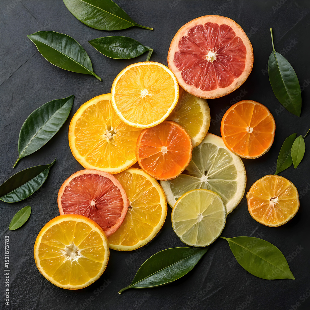 Fototapeta premium citrus fruit composition slices and leaves on dar
