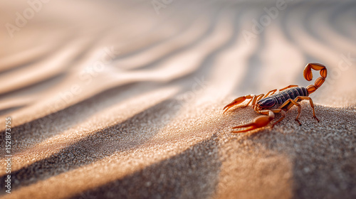 A close-up shot of a scorpion crawling on soft sand, showcasing its intricate details and natural habitat.