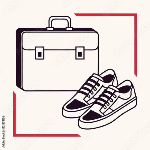 Black and white business briefcase and sneakers with red frame conceptual illustration