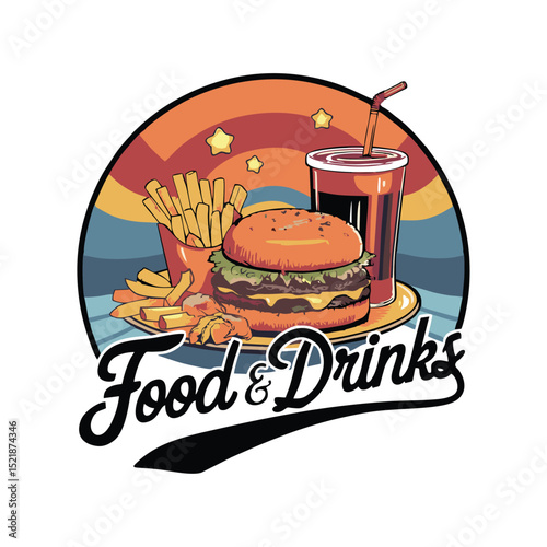 This fast food drink logo features a vibrant and refreshing design, showcasing popular beverages like sodas, milkshakes, or smoothies. With bold colors, dynamic shapes, and playful typography, it perf