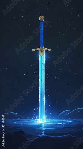 An illustration showcases a crystal sword on water, including a blue water sword, an antique sword that represents the water element, a shining sword, a prince's trusty sword, a standing sword with