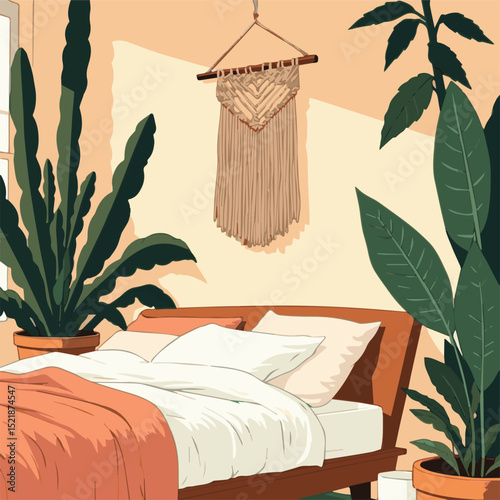 Modern and cozy interior design illustration featuring stylish living room and bedroom furniture including sofa, bed, chair, lamp, and decor elements for elegant home, apartment, and luxury spaces.