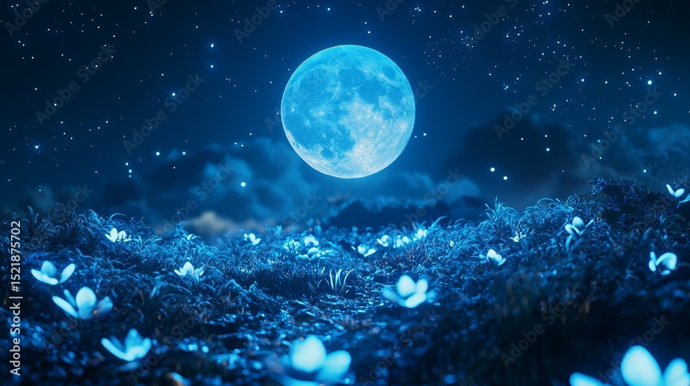 Obraz premium Blue Light Illuminating Flowers Under the Moonlit Night Sky