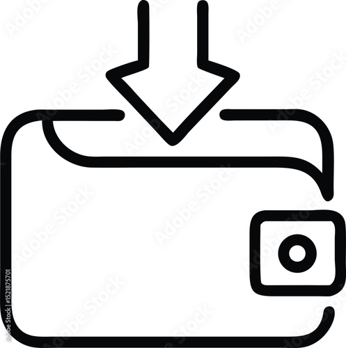 Black silhouette of empty wallet icon with down arrow for financial loss concept