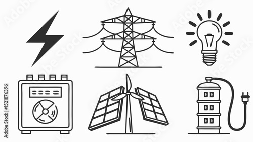 Renewable Energy Sources Icons of Solar, Wind, and Electricity