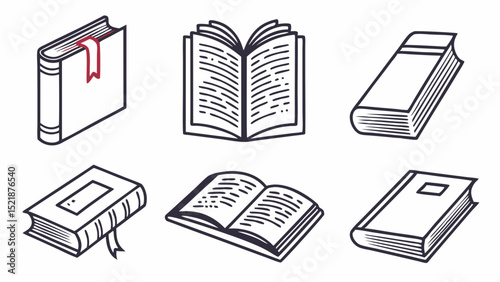 Collection of Book Illustrations Open, Closed, and Stacked Book Icons