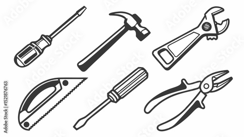 Essential Hand Tools Collection Screwdrivers, Hammer, Wrench, Pliers, Utility Knife - DIY Repair Kit Illustrations