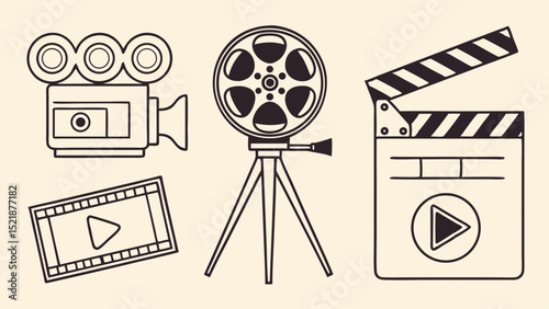 Vintage Filmmaking Equipment Camera, Film Reel, Clapperboard, and Film Strip Illustrations
