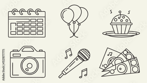 Party Planning Icons Calendar, Balloons, Cake, Camera, Microphone, Pizza