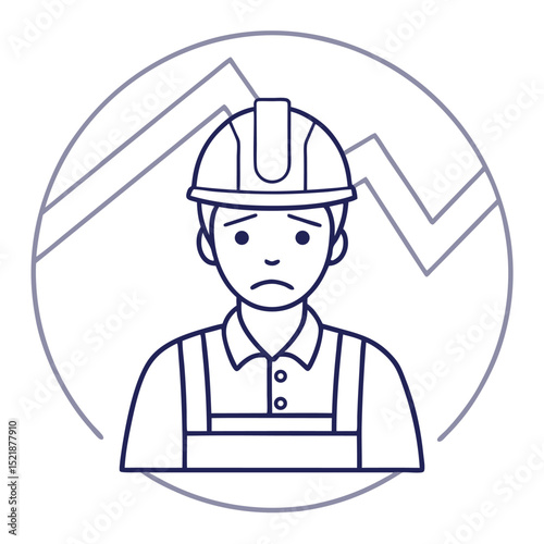 Construction worker with a sad expression and a fluctuating stock graph in the background