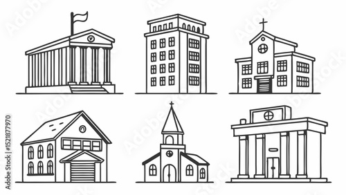 Collection of Line Art Building Illustrations Courthouse, Office Building, Church, House, and More