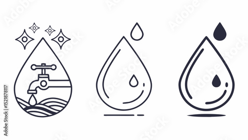 Clean Water Drop Icons Faucet, Pure, and Fresh Water Drop Illustrations