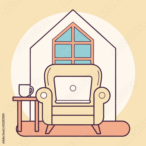Cozy workspace with laptop and coffee cup in a comfortable living room setting
