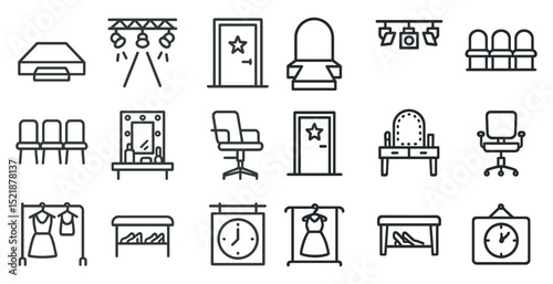 Icon set of dressing room and theater elements for design and decor projects