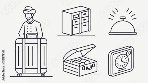 Hotel Concierge Service Luggage, Reception, and Amenities Line Icons