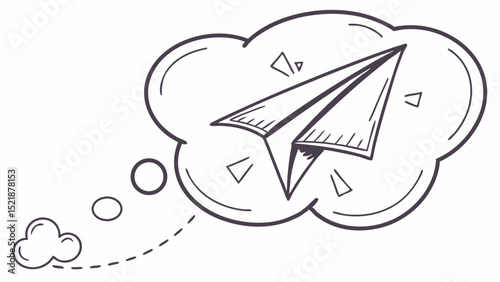 Dreams of Flight Hand-Drawn Paper Airplane in Thought Bubble Illustration
