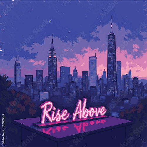 Vector cityscape illustration showcasing a modern urban skyline with skyscrapers, towers, and city lights at night. Silhouettes of buildings against a colorful sunset and moonlit sky in a bustling 