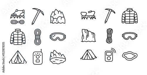 Minimalist icons for mountain climbing and outdoor adventure gear